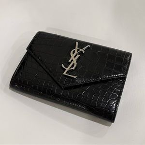 Saint Laurent Crocodile-Embossed Leather Wallet Black with Silver Hardware